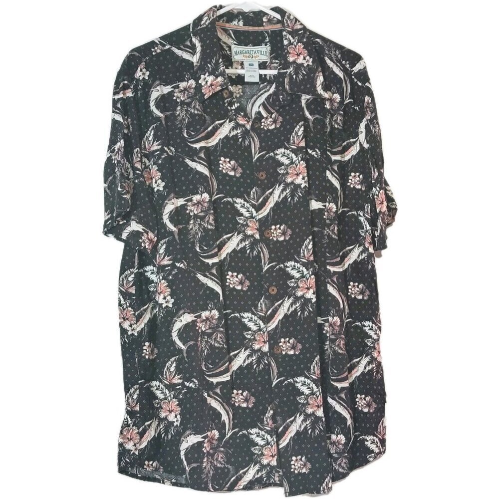 Margaritaville Shirt Men's Large Hawaiian Floral Marlins Button Up Beach Black